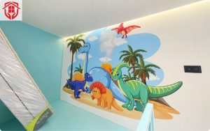Dán tranh 3D in họa tiết khủng long cho bé