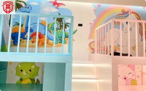 Dán tranh 3D in họa tiết khủng long cho bé