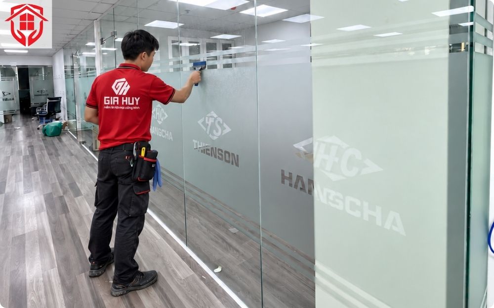 Kỹ thuận Thế Giới Dán Kính đang thi công decal mờ cắt logo cnc