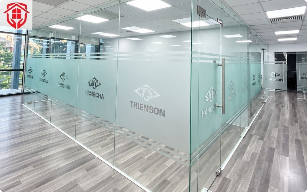 Thi công decal dán kính mờ cắt cnc logo cho văn phòng