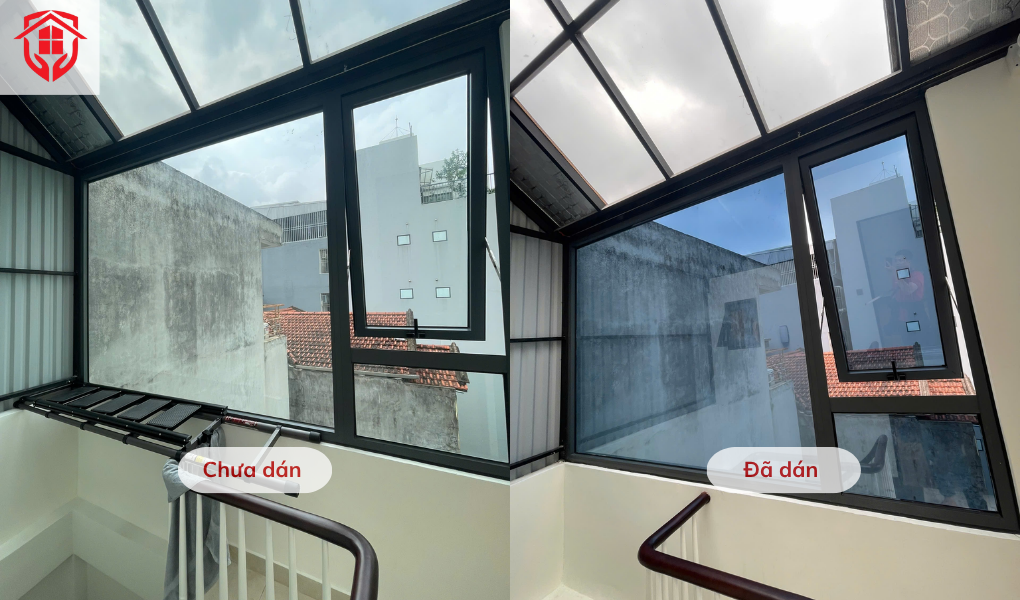 Hình ảnh thực tế trước và sau khi dán giấy dán kính 1 chiều chống nhìn trộm