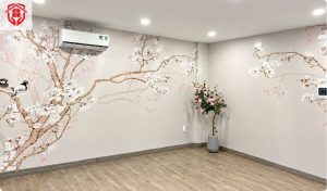 Dán tường bằng tranh in họa tiết hoa anh đào đẹp