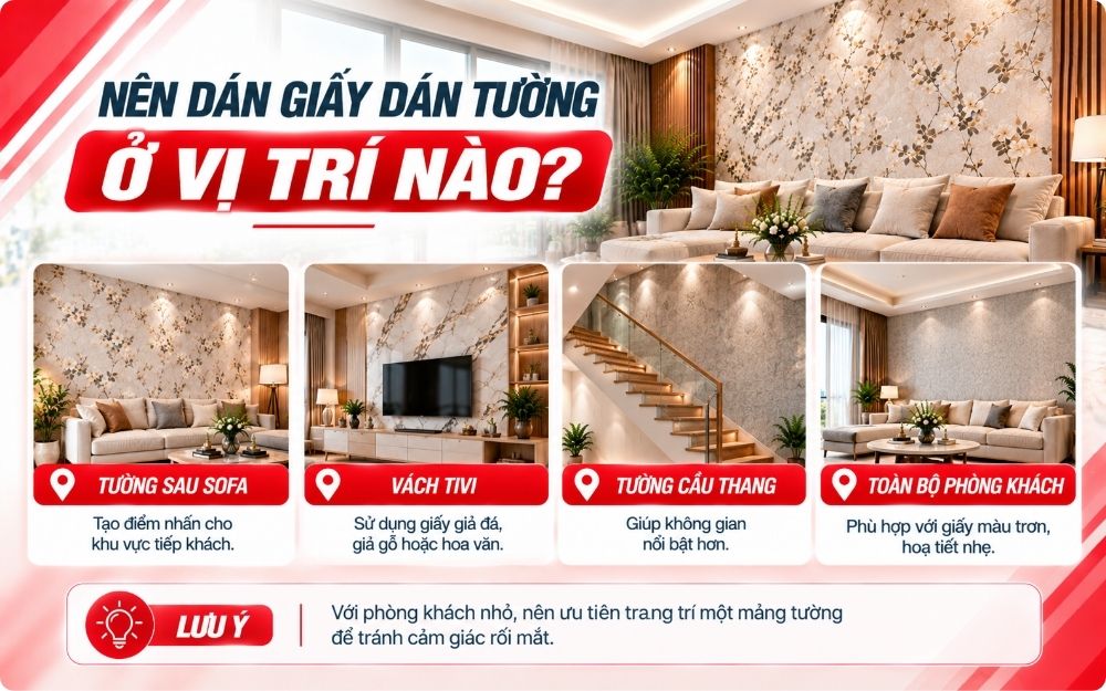Nên dán ở những vị trí sau tivi, cầu thang