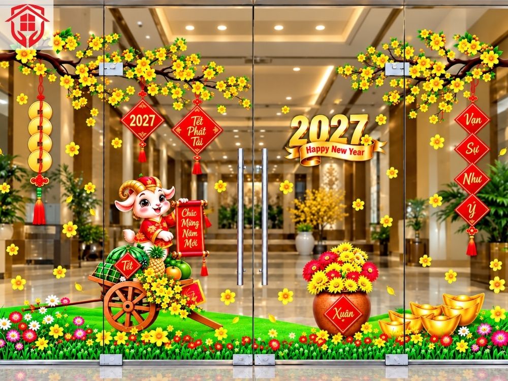Mẫu decal dán kính trang trí tết