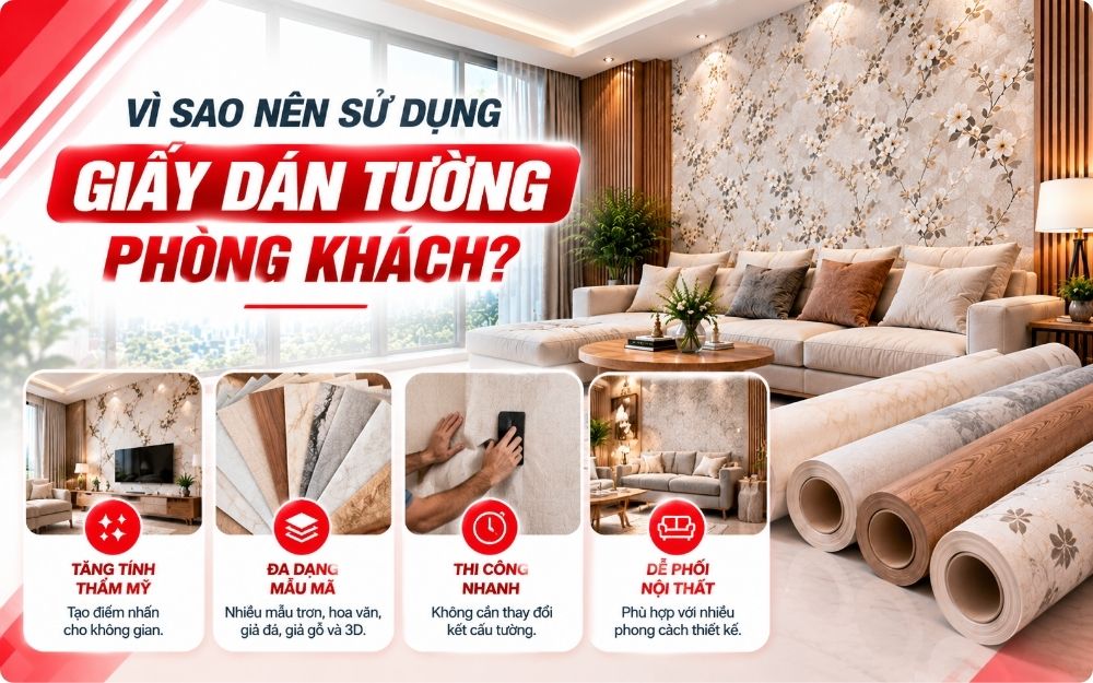 Sử dụng giấy dán tường cho phòng khách tăng thẩm mỹ