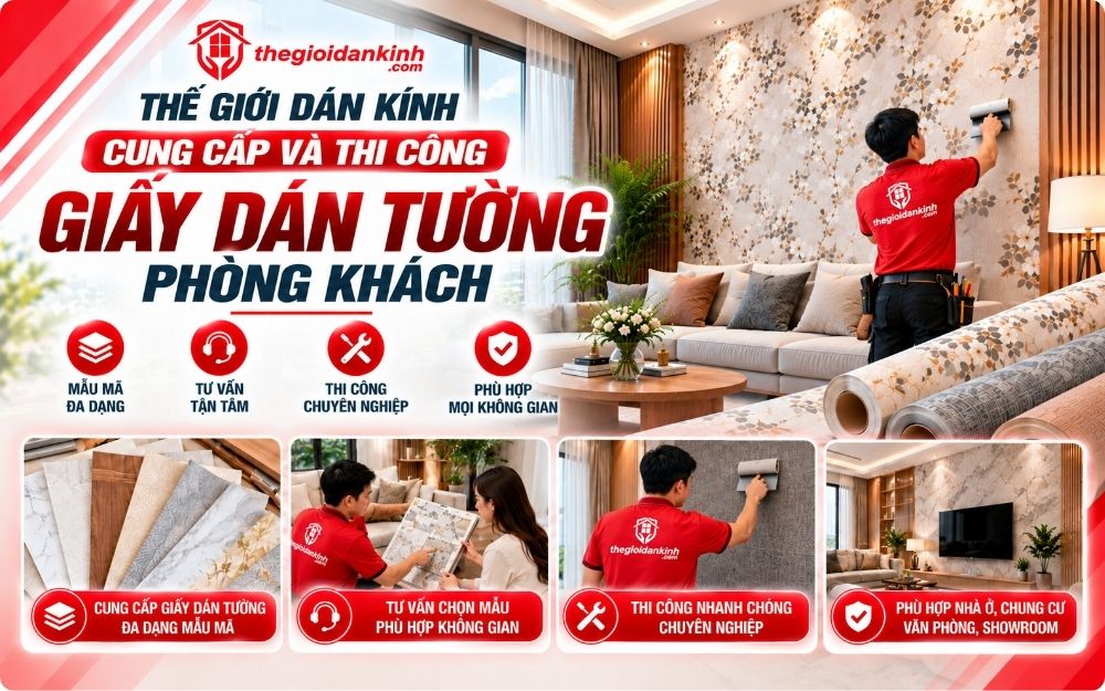 Dịch dán giấy dán tường cho phòng khách chuyên nghiệp tại Thế Giới Dán Kính
